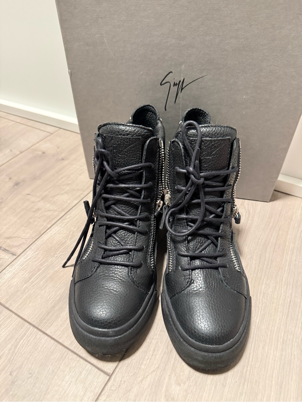 Giuseppe Zanotti Black Pebbled Leather High-Top Sneakers with Side Zips